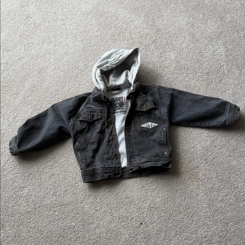Tomorrow’s Generation FLY BOY size 10 Kids Black Denim Jacket with gray Hood